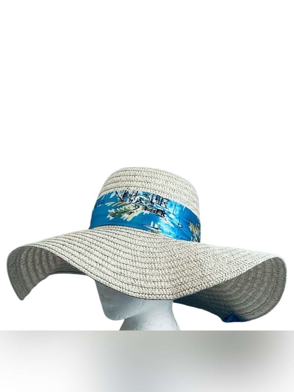 🌺 Old Navy Wide Brim Straw Hat with Blue Scarf